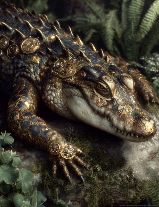 Alligator — Steampunk Art, Midnight Contrast Digital Wall Art, 3 Sizes Included, Living Room Decor