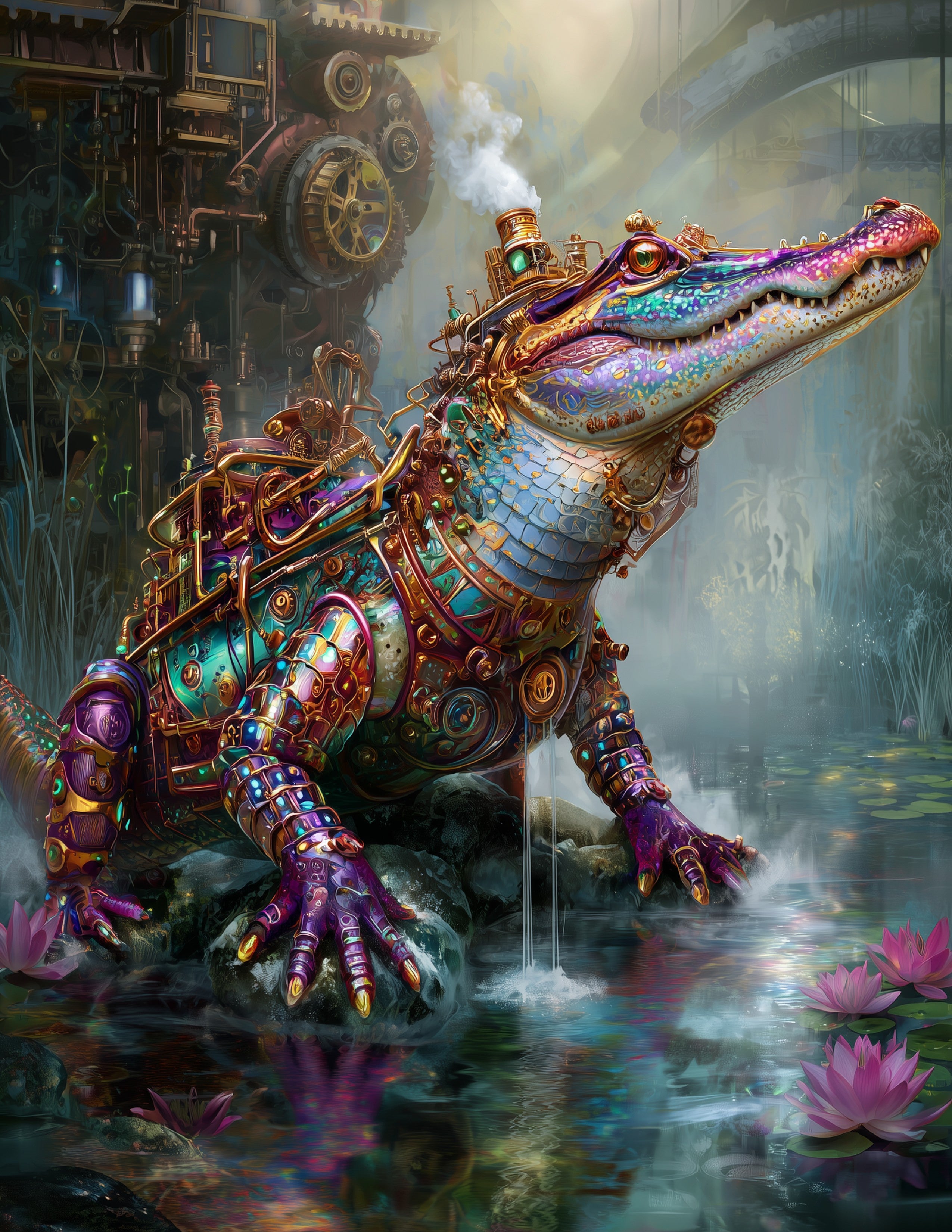 Alligator — Steampunk Art, Vibrant Palette Digital Wall Art, 3 Sizes Included, Living Room Decor