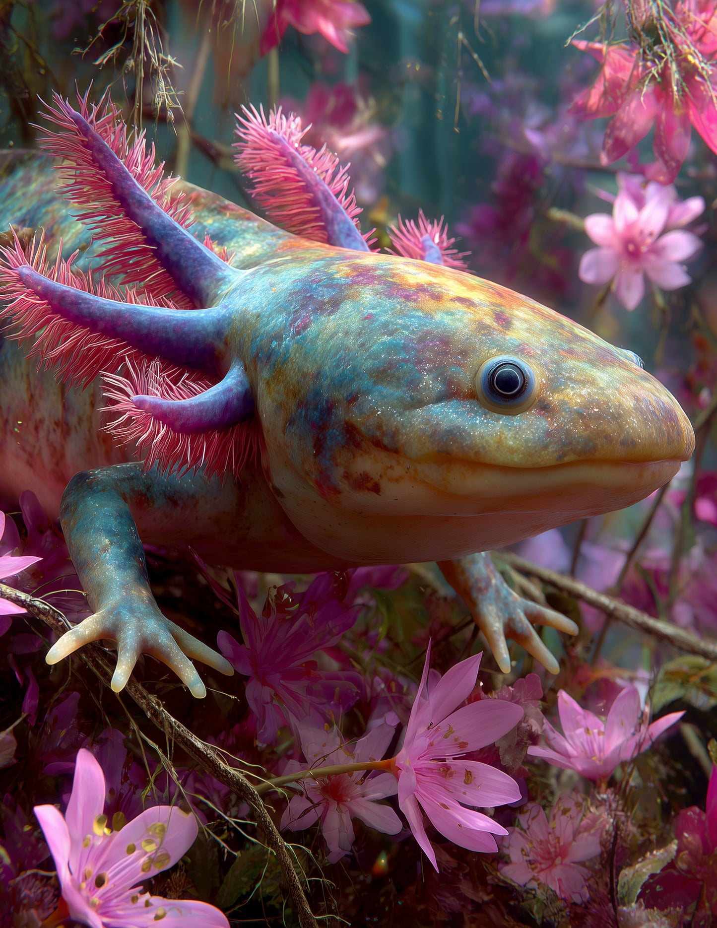 Axolotl — Realistic Art, Violet Hues Digital Wall Art, 3 Sizes Included, Living Room Decor