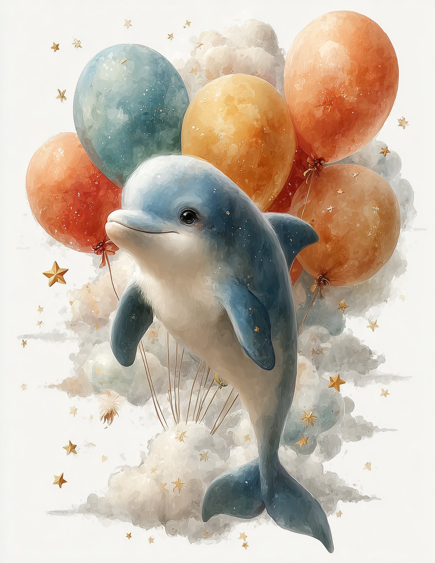 Dolphin — Nursery Art, Soft Clouds Digital Wall Art, 3 Sizes Included, Nursery Decor