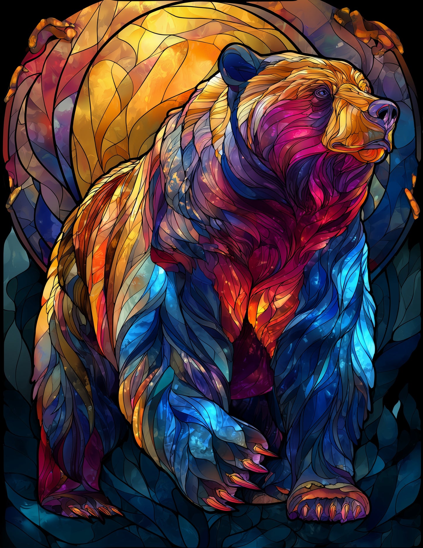 Bear — Stained Glass Art, Deep Tones Digital Wall Art, 3 Sizes Included, Living Room Decor
