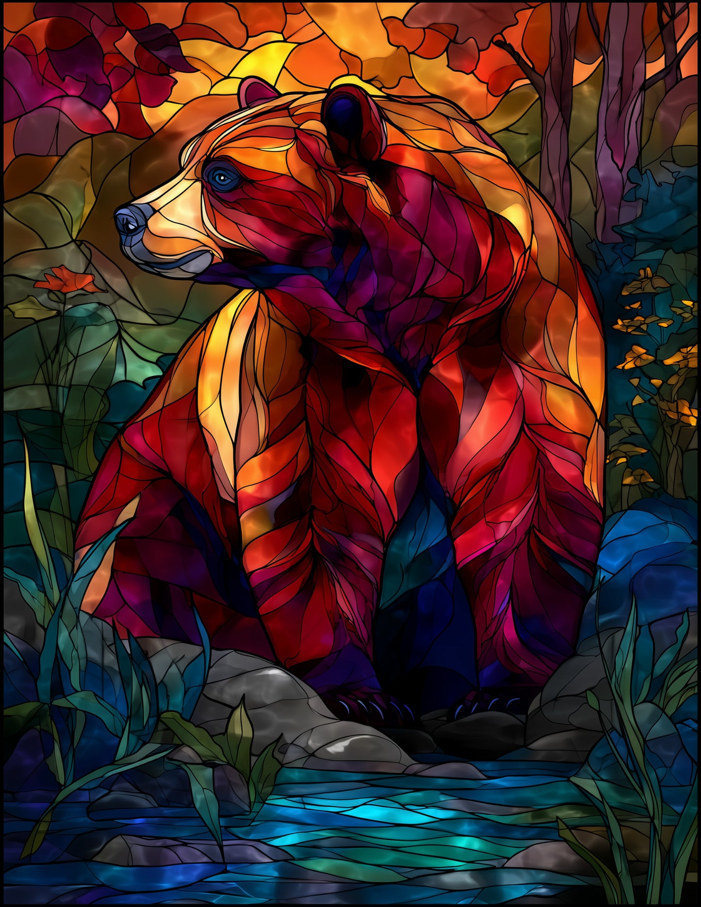 Bear — Stained Glass Art, Warm Tones Digital Wall Art, 3 Sizes Included, Living Room Decor