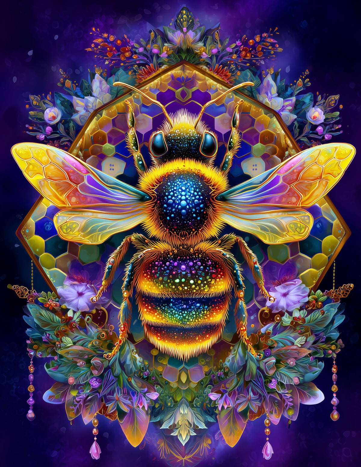 Bee — Psychedelic Art, Emerald Hues Digital Wall Art, 3 Sizes Included, Living Room Decor