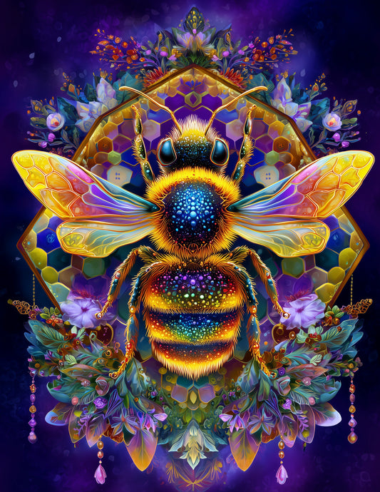 Bee — Pyschedelic Art, Emerald Hues Digital Wall Art, 3 Sizes Included, Living Room Decor