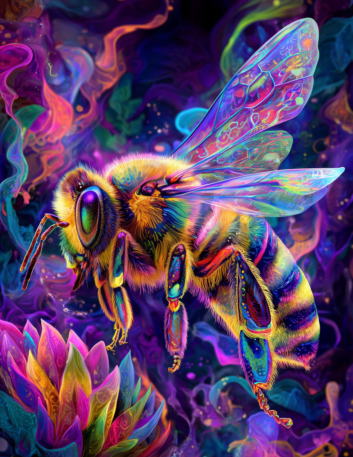Bee — Psychedelic Art, Sapphire Tones Digital Wall Art, 3 Sizes Included, Living Room Decor