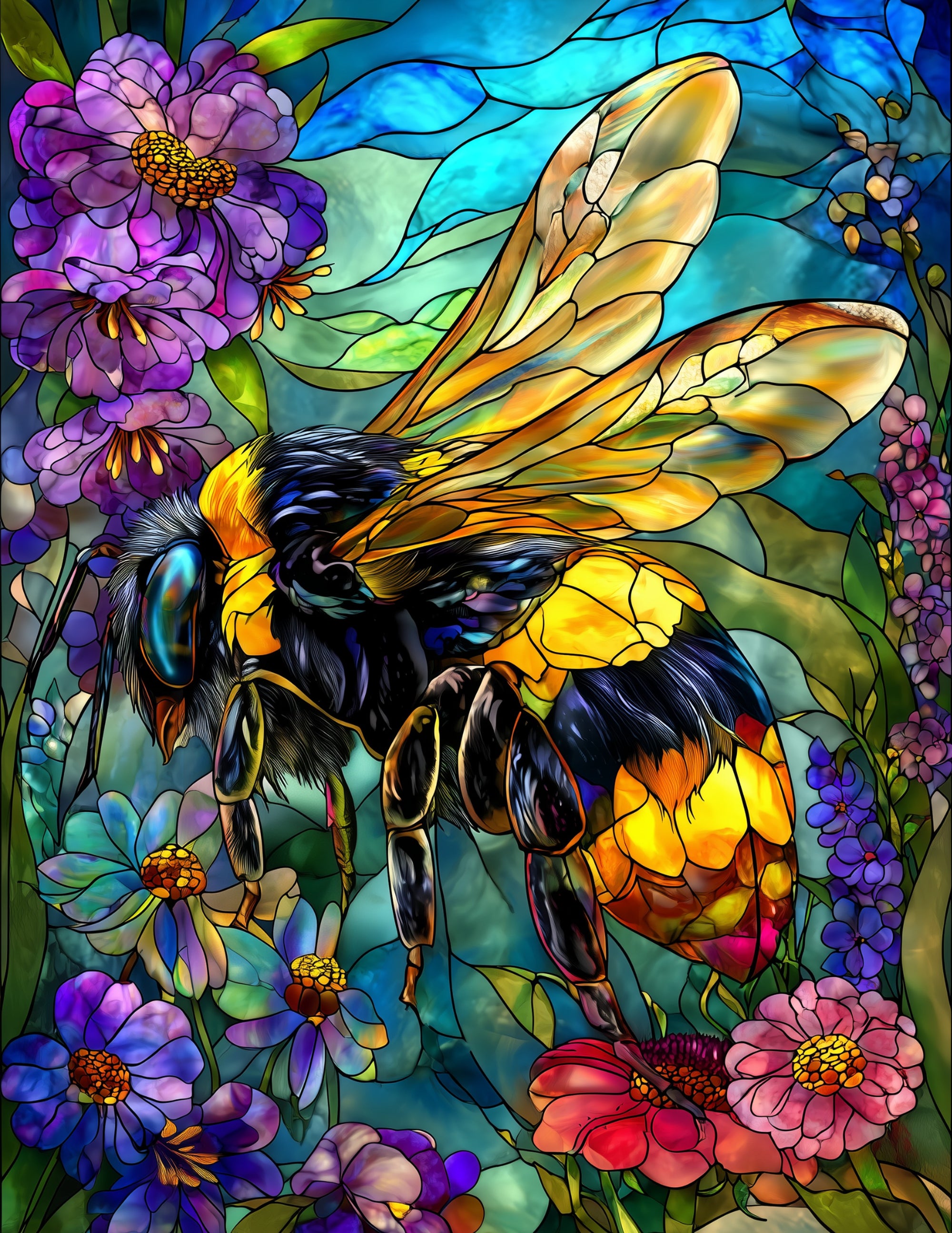 Bee — Stained Glass Art, Bold Contrast Digital Wall Art, 3 Sizes Included, Living Room Decor
