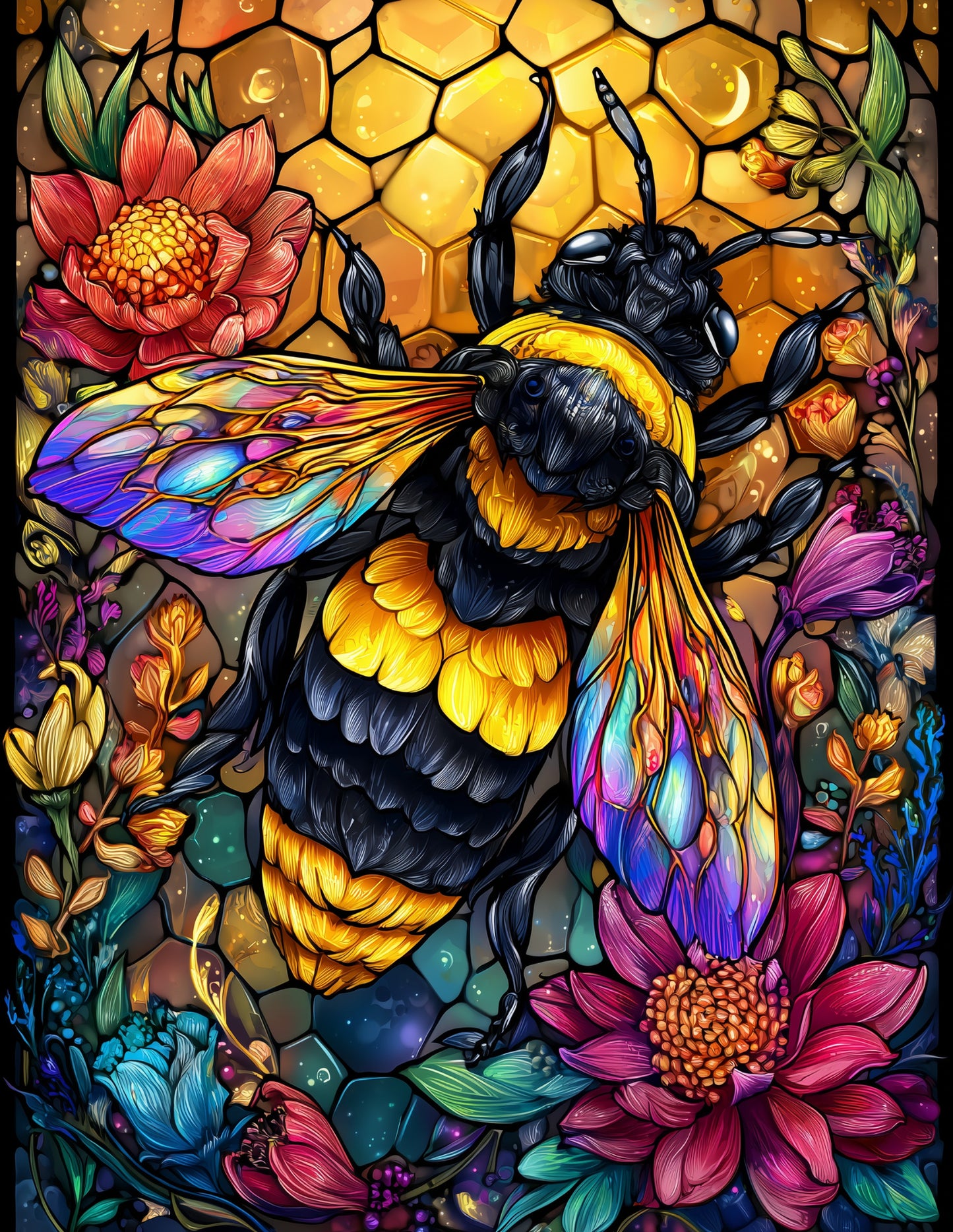 Bee — Stained Glass Art, Calm Tones Digital Wall Art, 3 Sizes Included, Living Room Decor