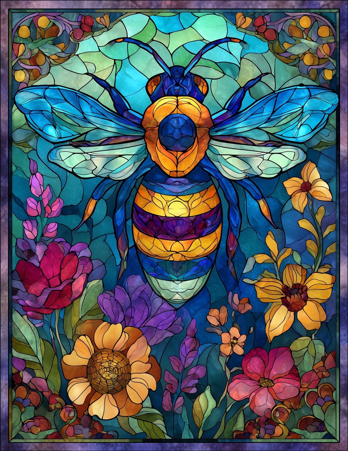 Bee — Stained Glass Art, Midnight Gradients Digital Wall Art, 3 Sizes Included, Living Room Decor