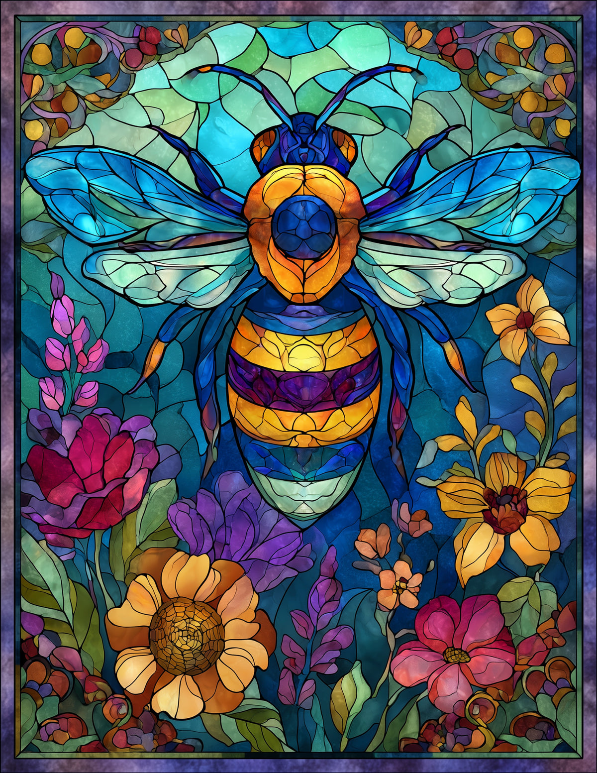 Bee — Stained Glass Art, Midnight Gradients Digital Wall Art, 3 Sizes Included, Living Room Decor