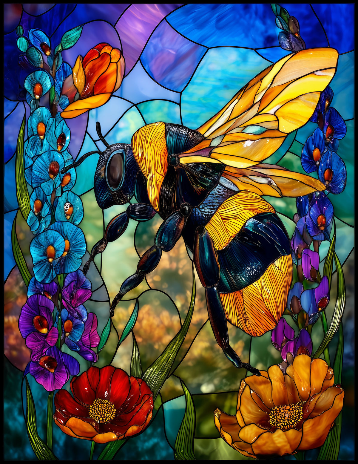 Bee — Stained Glass Art, Sunset Tones Digital Wall Art, 3 Sizes Included, Living Room Decor