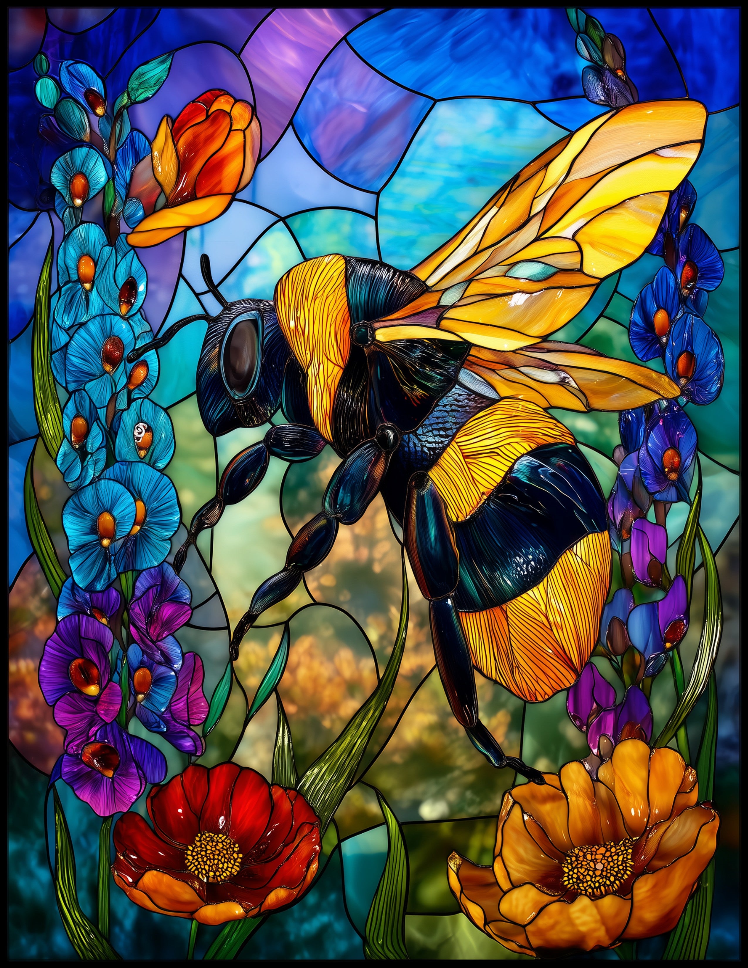 Bee — Stained Glass Art, Sunset Tones Digital Wall Art, 3 Sizes Included, Living Room Decor