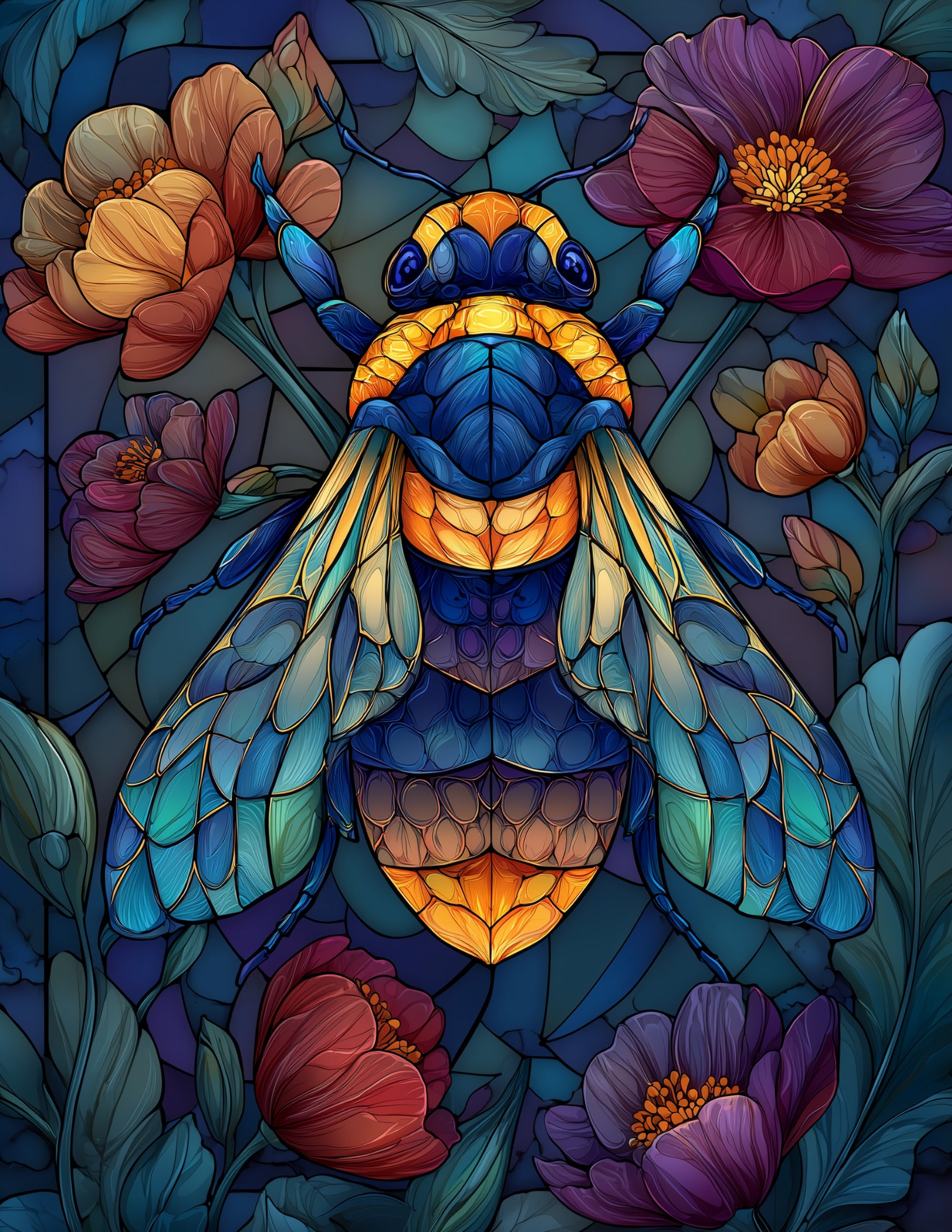 Bee — Stained Glass Art, Vibrant Palette Digital Wall Art, 3 Sizes Included, Living Room Decor