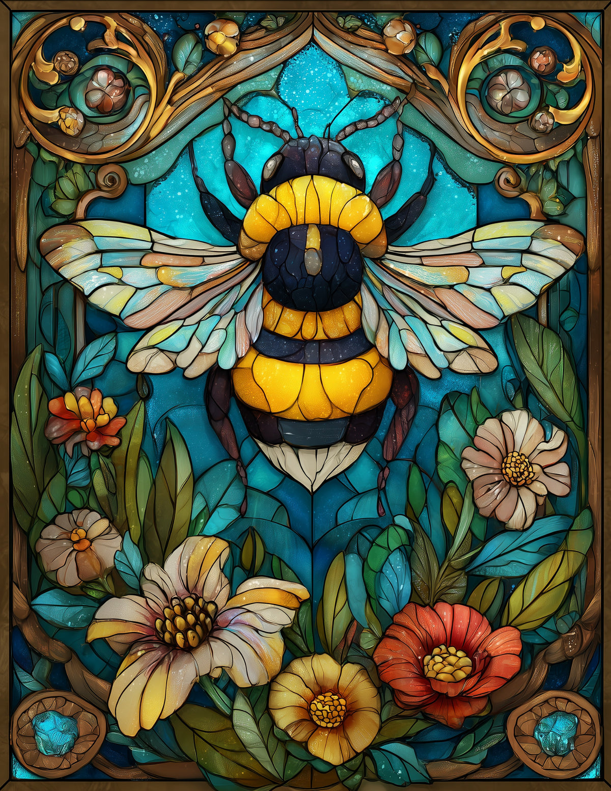 Bee — Stained Glass Art, Warm Hues Digital Wall Art, 3 Sizes Included, Living Room Decor