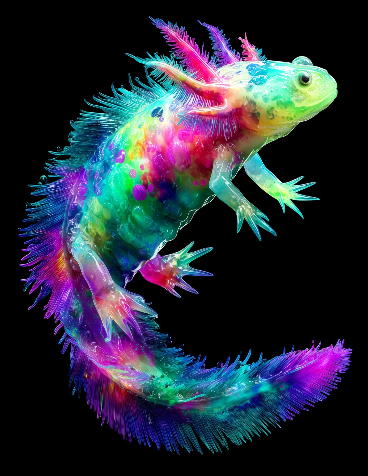 Blanco Blind Salamander Ferrofluid Art, Neon Spectrum Digital Wall Art, 3 Sizes Included, Living Room Decor