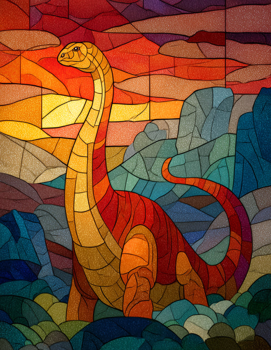 Brachiosaurus — Stained Glass Art, Balanced Tones Digital Wall Art, 3 Sizes Included, Living Room Decor