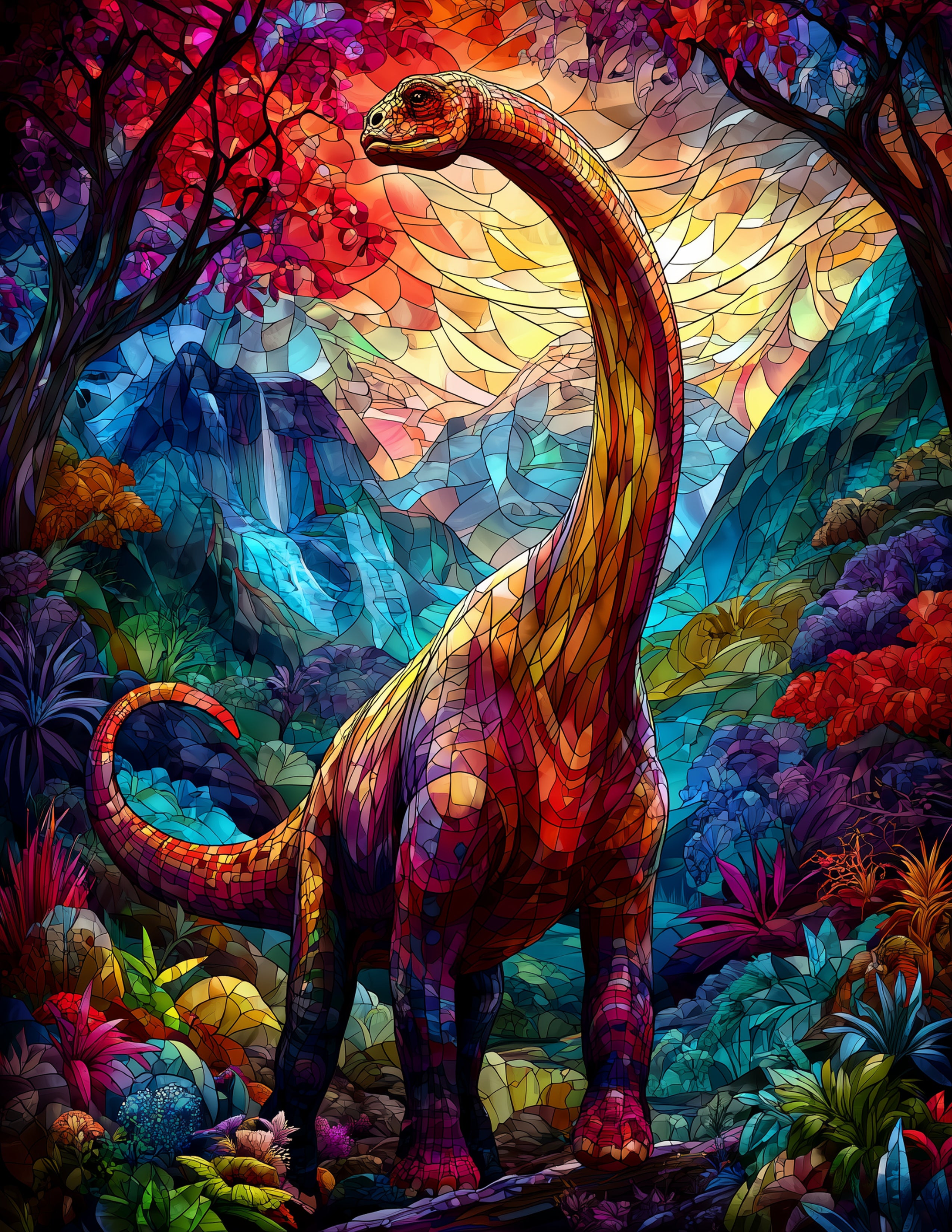 Brachiosaurus — Stained Glass Art, Layered Hues Digital Wall Art, 3 Sizes Included, Living Room Decor