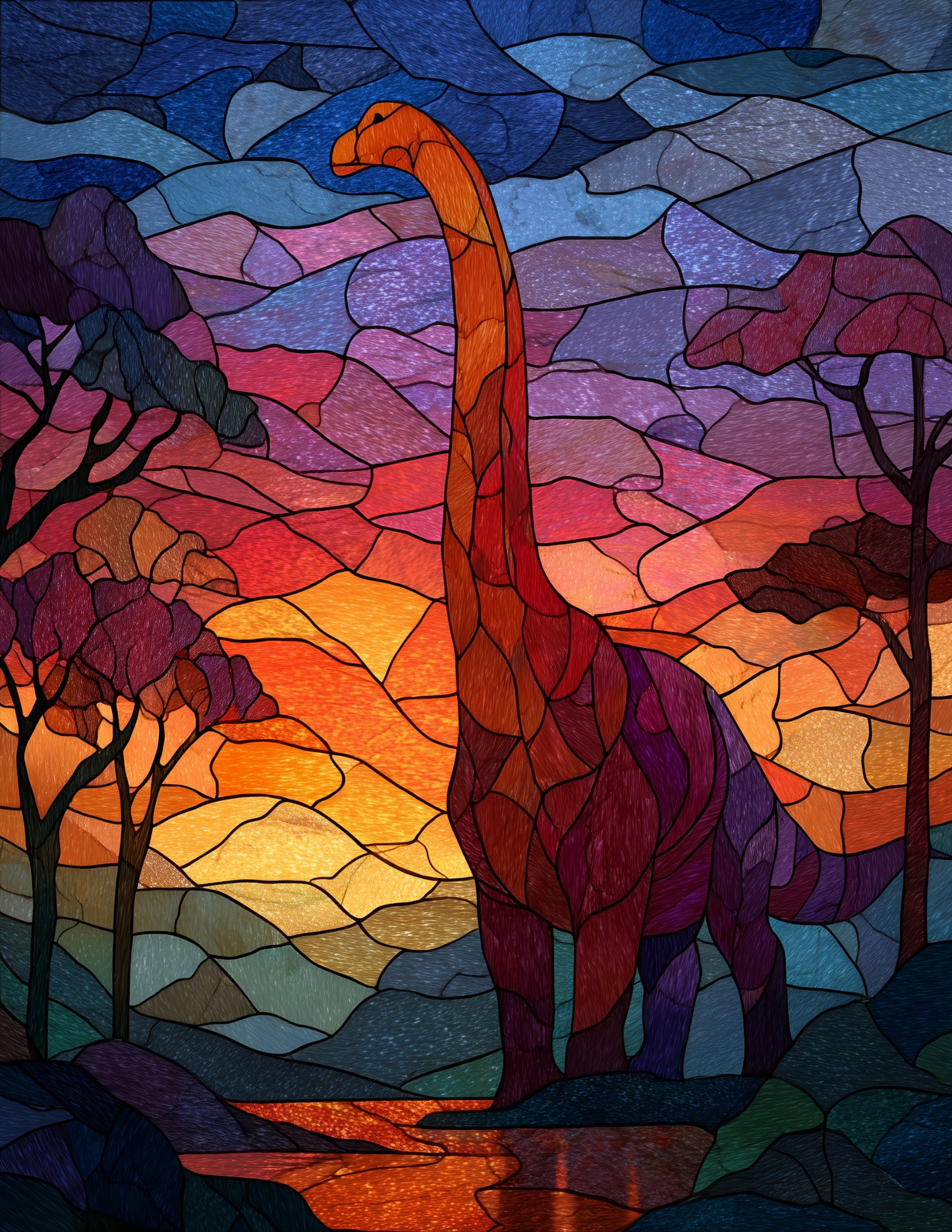 Brachiosaurus — Stained Glass Art, Refined Detail Digital Wall Art, 3 Sizes Included, Living Room Decor