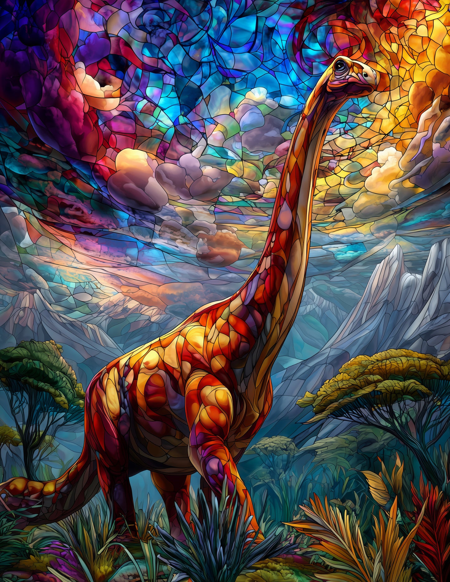 Brachiosaurus — Stained Glass Art, Soft Gradients Digital Wall Art, 3 Sizes Included, Living Room Decor