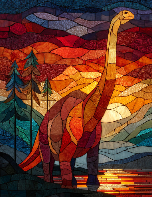 Brachiosaurus — Stained Glass Art, Vibrant Palette Digital Wall Art, 3 Sizes Included, Living Room Decor