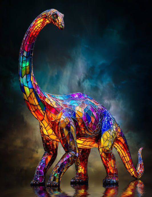 Brachiosaurus — Stained Glass Art, Warm Tones Digital Wall Art, 3 Sizes Included, Living Room Decor