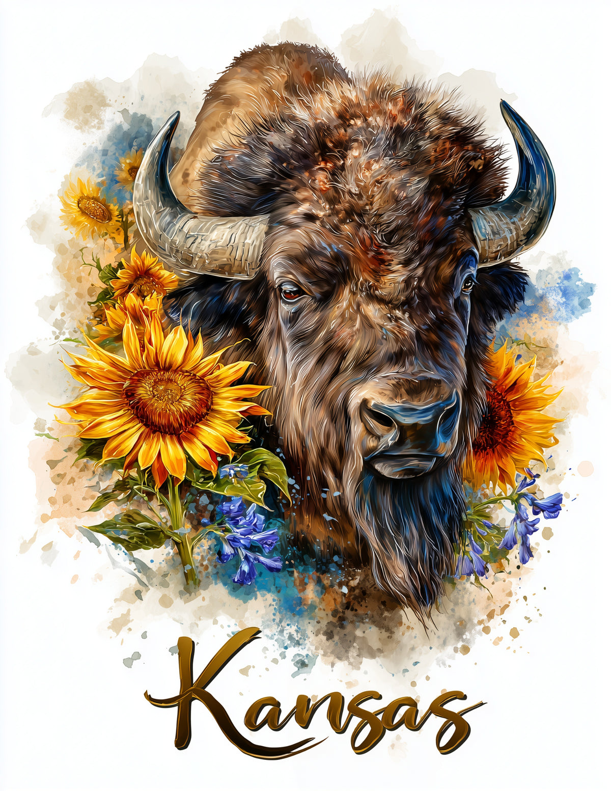 Buffalo Kansas — Watercolor Art, Amber Tones Digital Wall Art, 3 Sizes Included, Living Room Decor
