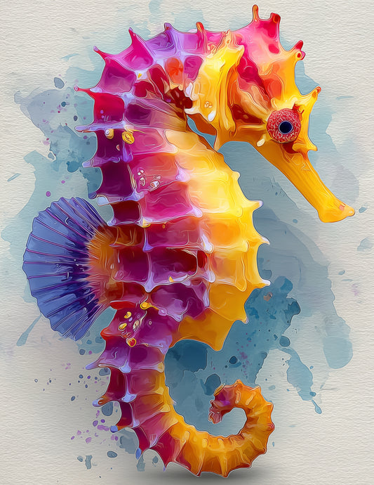 Bullneck Seahorse Watercolor Art, Seagrass Light Digital Wall Art, 3 Sizes Included, Living Room Decor