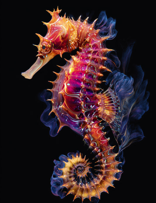 Bullneck Seahorse Ferrofluid Art, Spectrum Bloom Digital Wall Art, 3 Sizes Included, Living Room Decor