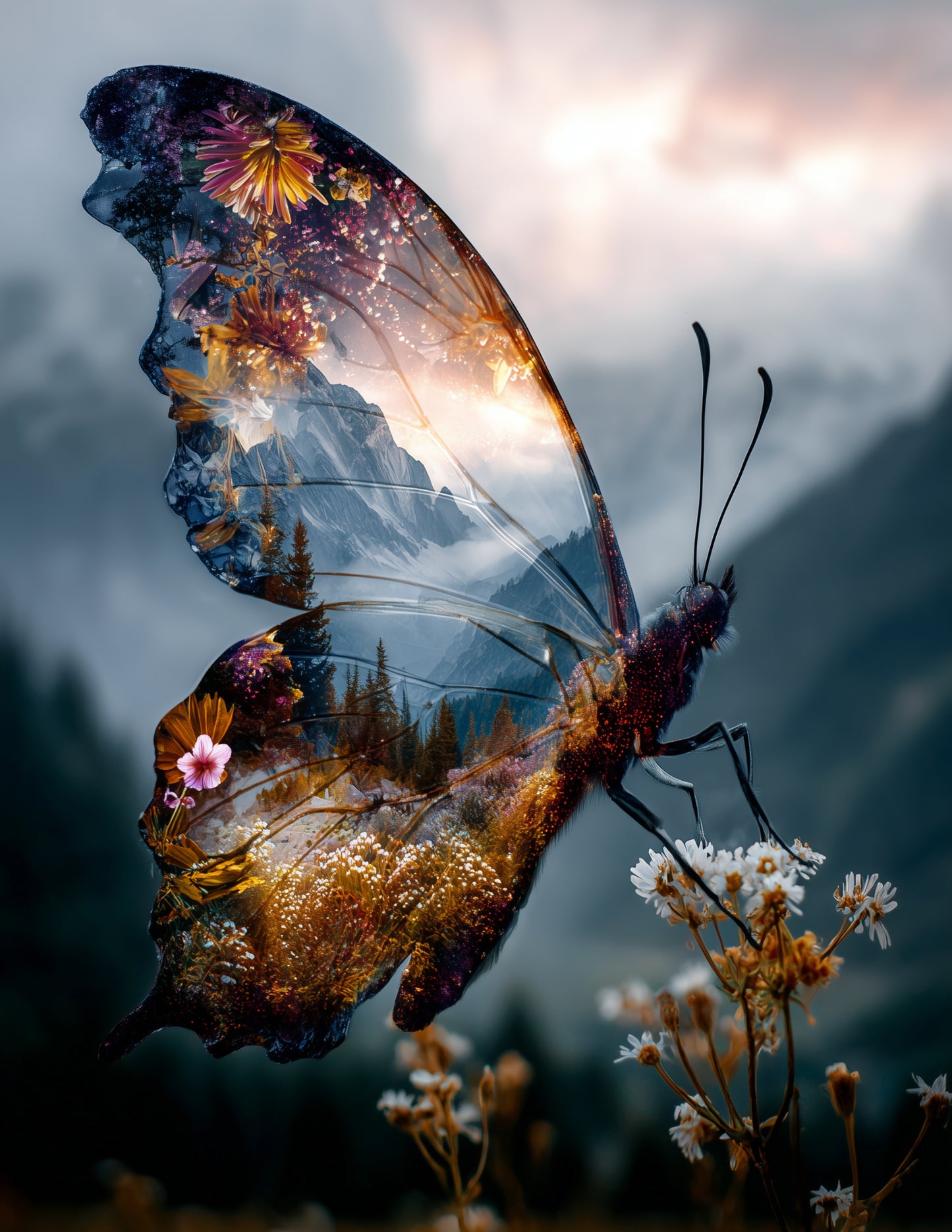 Butterfly — Double Exposure Art, Midnight Tones Digital Wall Art, 3 Sizes Included, Living Room Decor