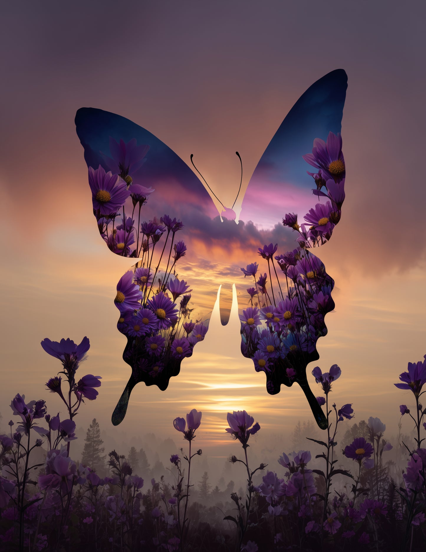Butterfly — Double Exposure Art, Vibrant Palette Digital Wall Art, 3 Sizes Included, Living Room Decor