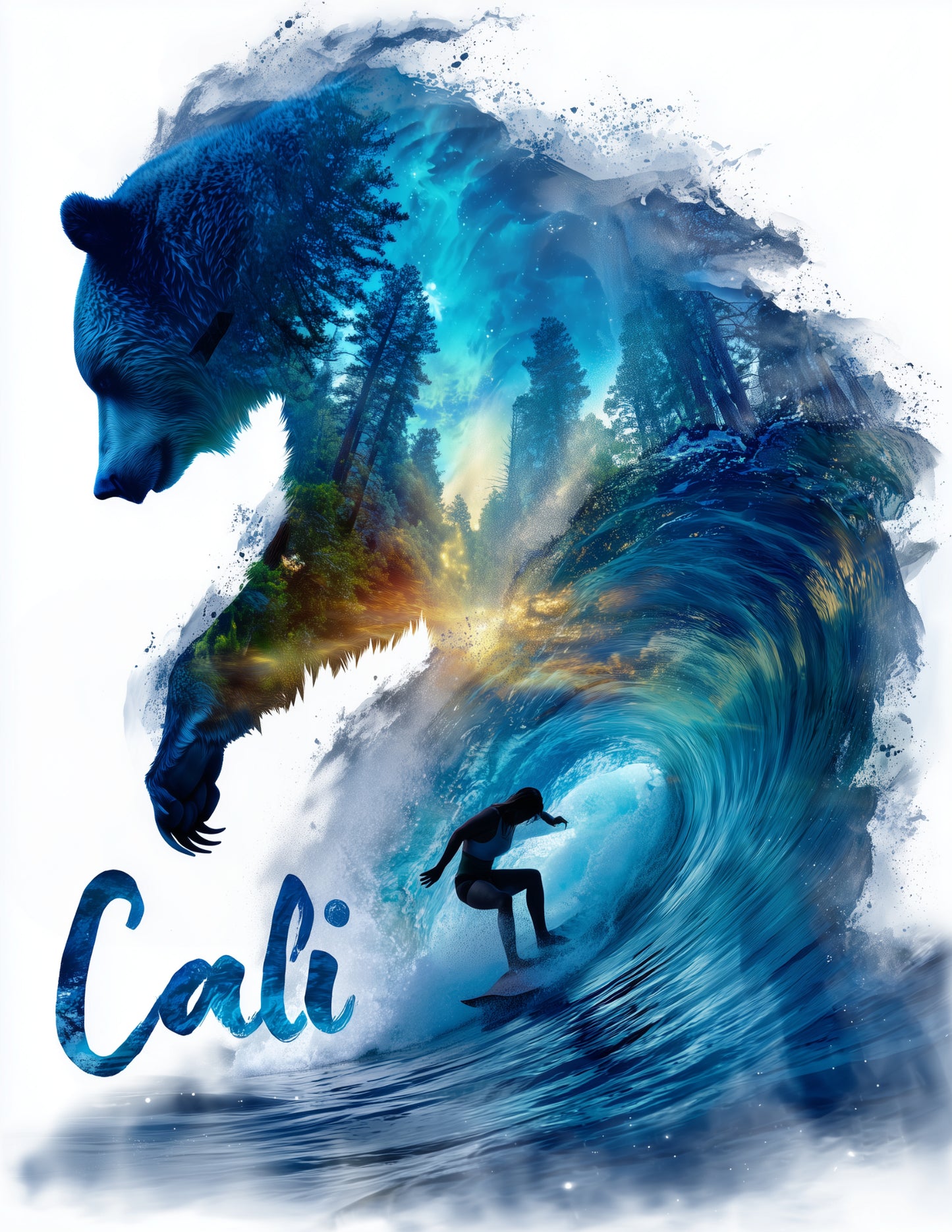 Californian Grizzly Bear — Double Exposure Art, Teal Midnight Digital Wall Art, 3 Sizes Included, Living Room Decor