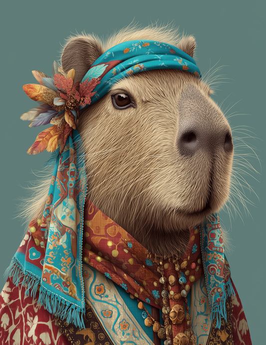 Capybara — Boho Art, Teal Bloom Digital Wall Art, 3 Sizes Included, Living Room Decor