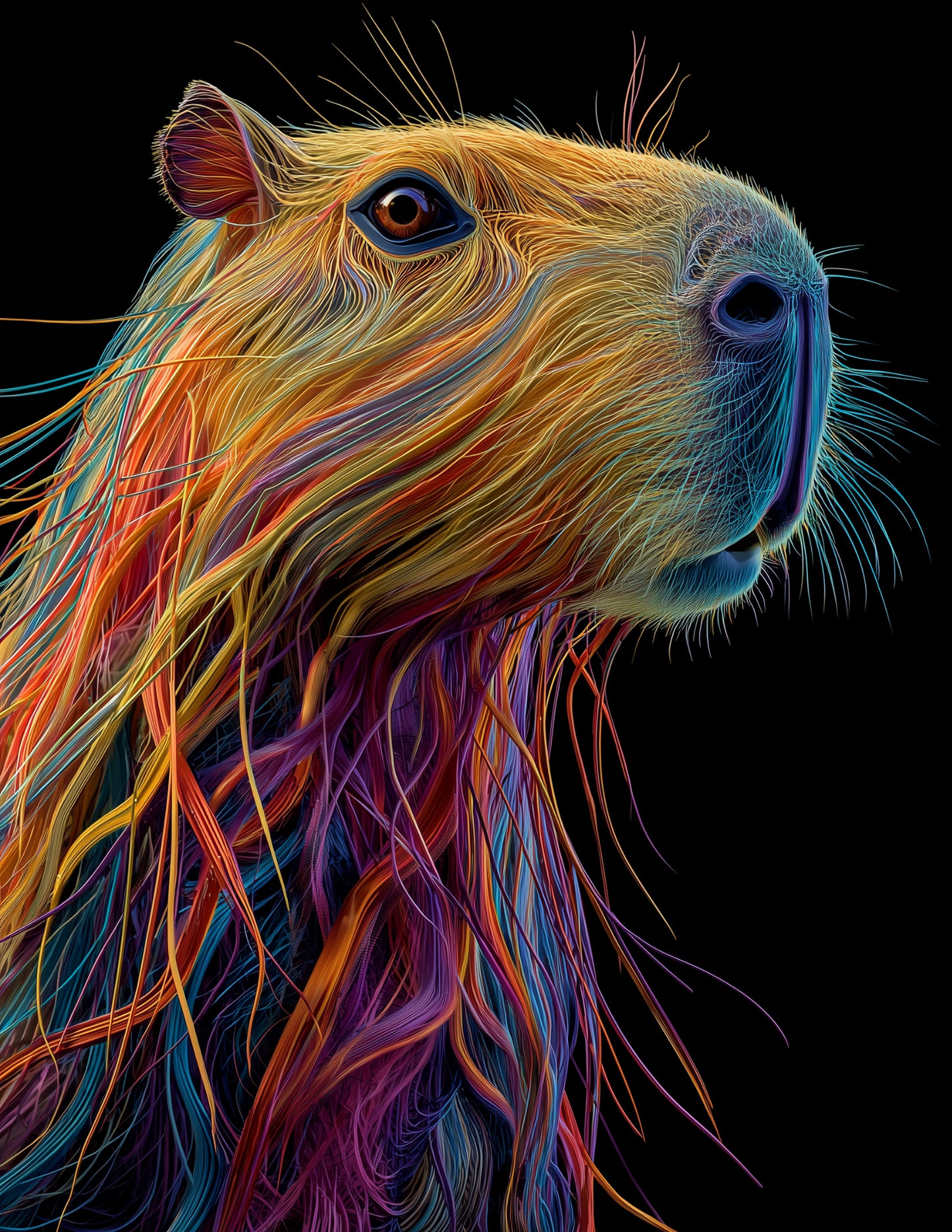 Capybara — Chromatic Filament Art, Coral Violet Digital Wall Art, 3 Sizes Included, Living Room Decor
