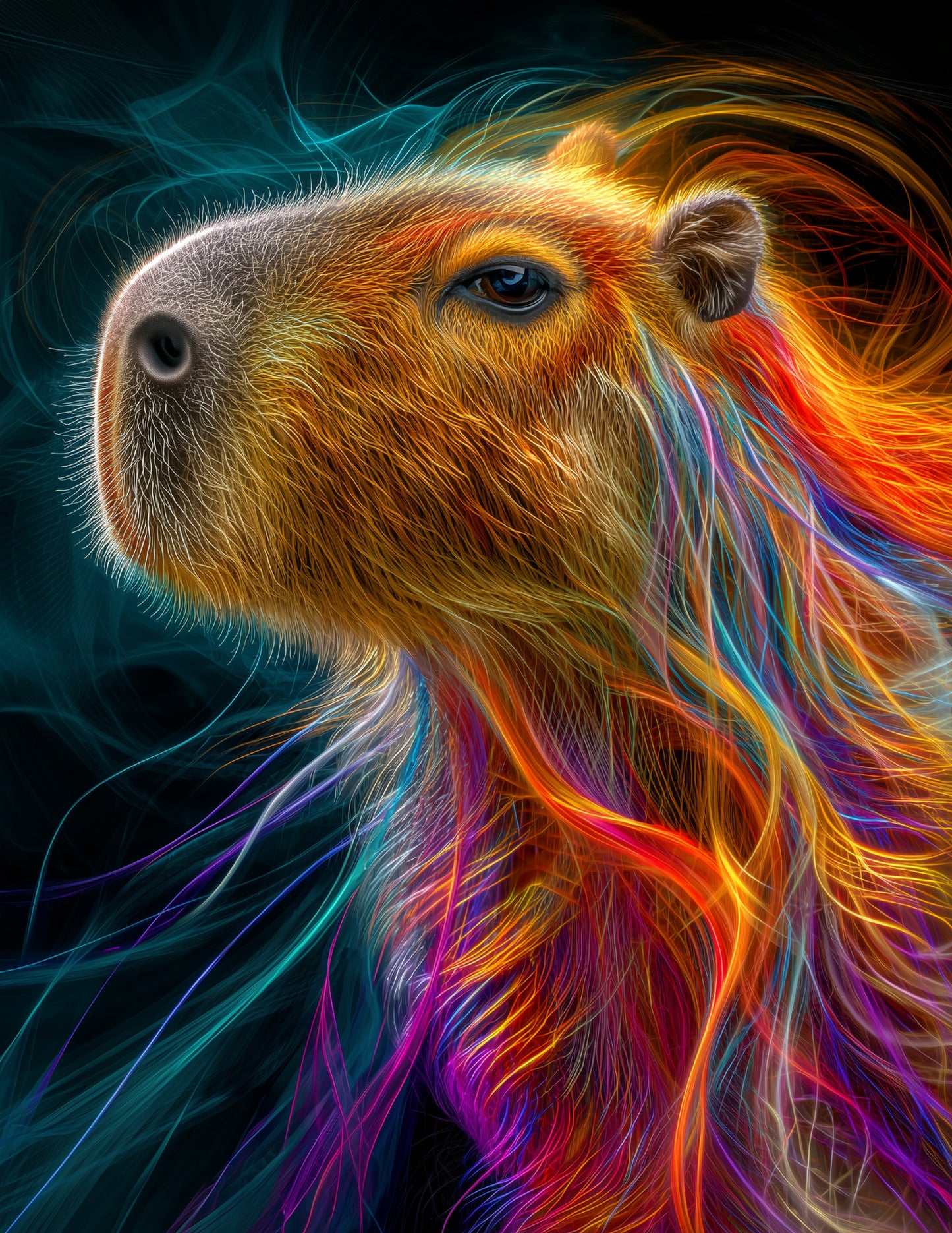 Capybara — Chromatic Filament Art, Teal Violet Digital Wall Art, 3 Sizes Included, Living Room Decor