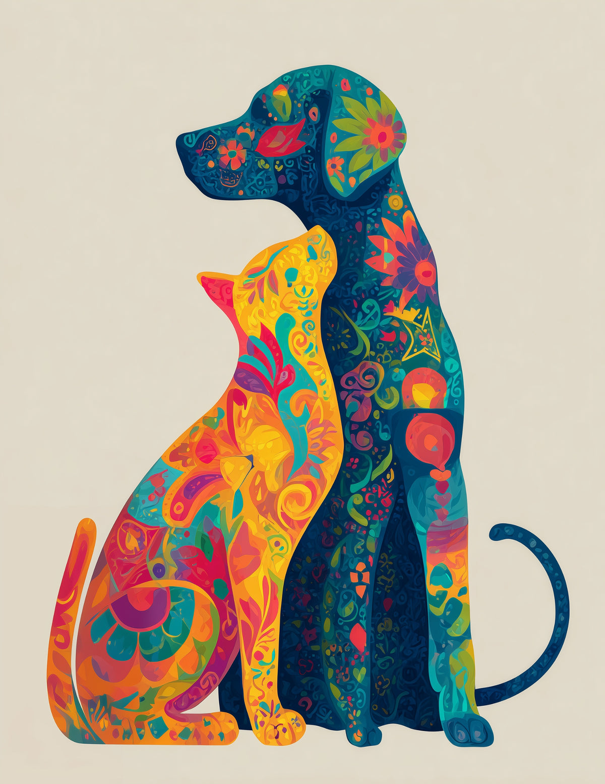 Cat & Dog — Boho Bold Hues Duo Wall Art, 3 Sizes Included, Living Room Decor