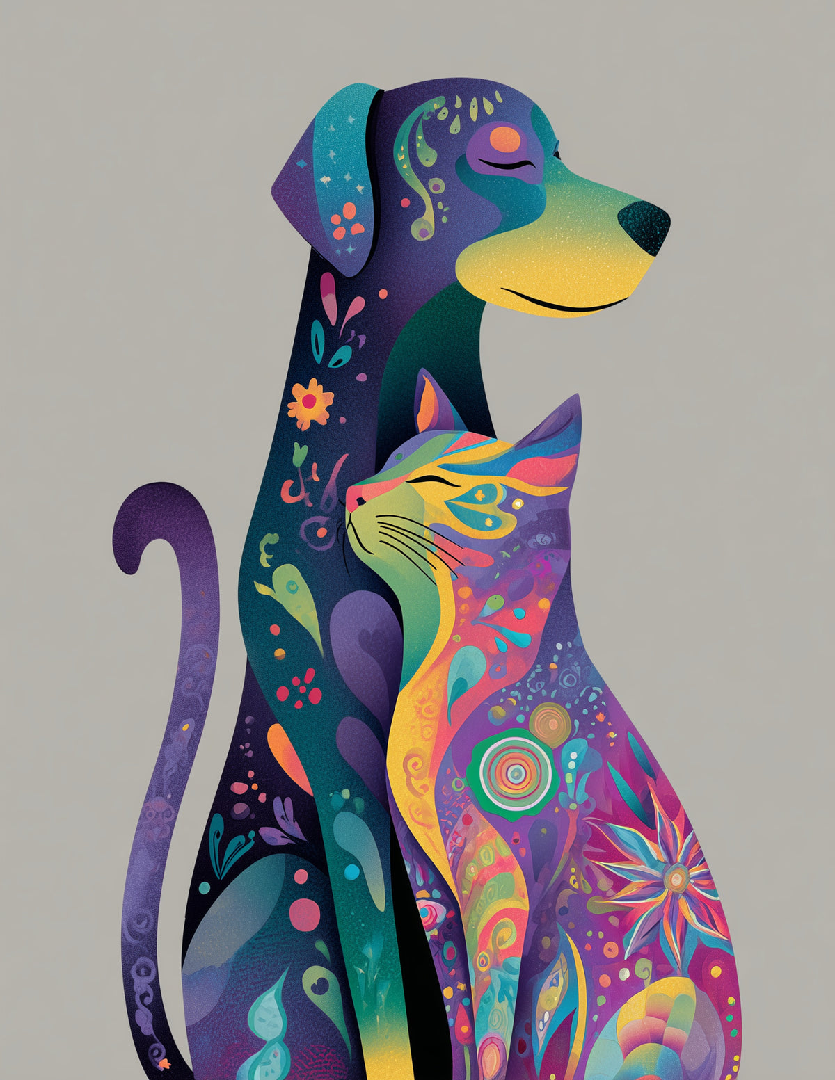 Cat & Dog — Boho Colorful Hues Duo Wall Art, 3 Sizes Included, Living Room Decor