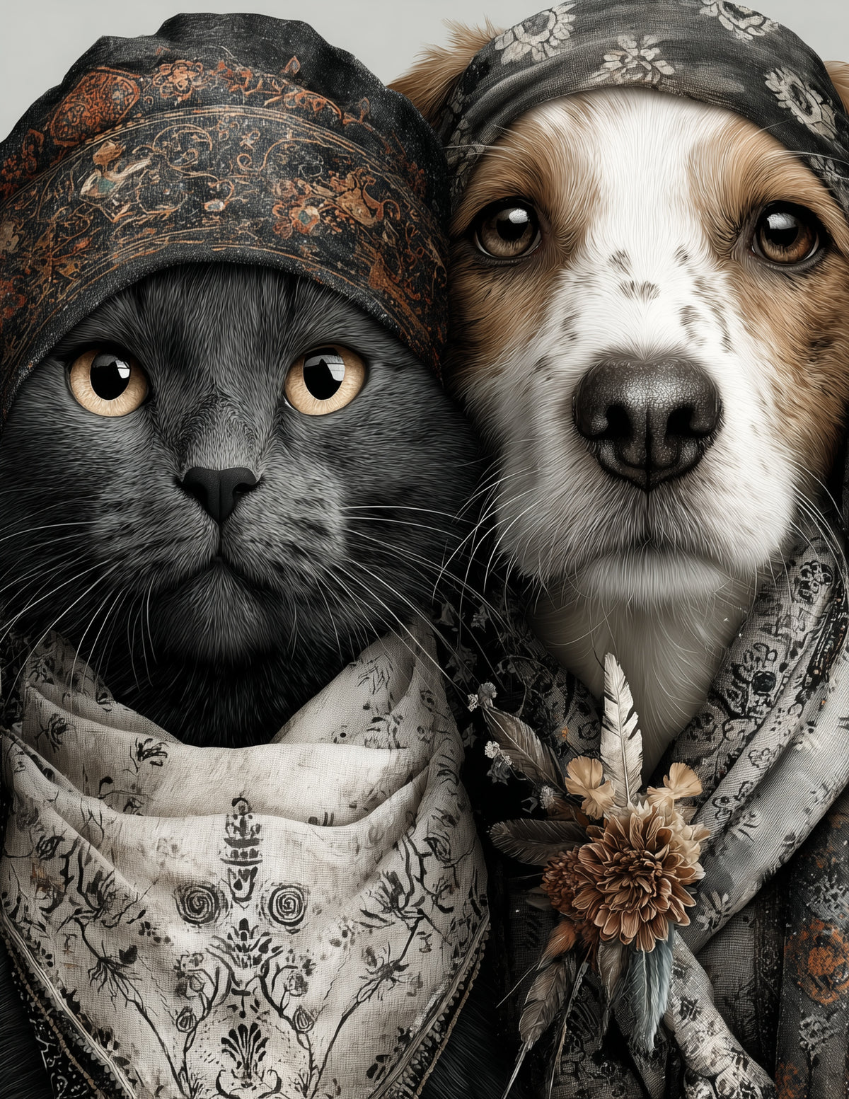 Cat & Dog — Boho Earthy Tones Duo Wall Art, 3 Sizes Included, Living Room Decor