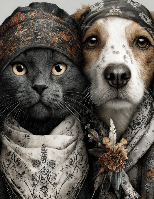 Cat & Dog — Boho Earthy Tones Duo Wall Art, 3 Sizes Included, Living Room Decor