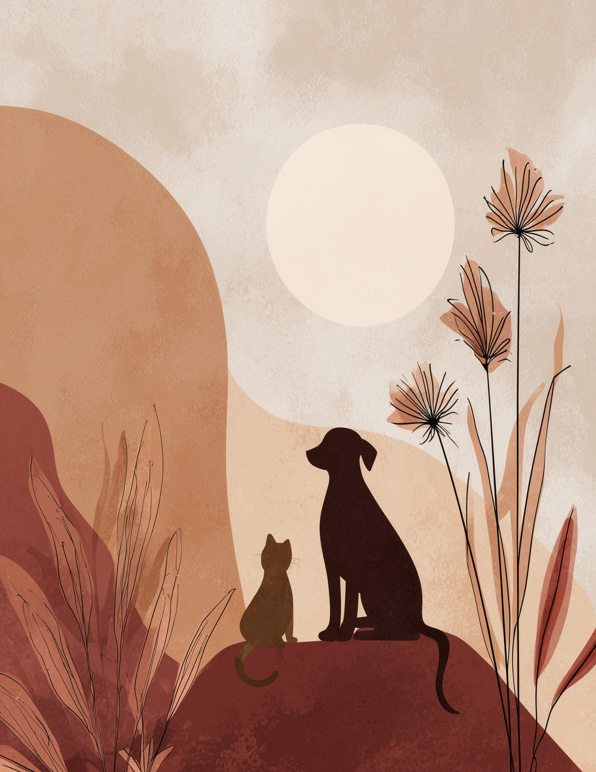 Cat & Dog — Boho Soft Pastels Duo Wall Art, 3 Sizes Included, Living Room Decor