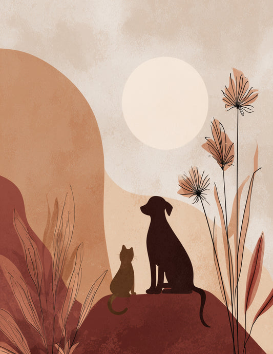 Cat & Dog — Boho Soft Pastels Duo Wall Art, 3 Sizes Included, Living Room Decor