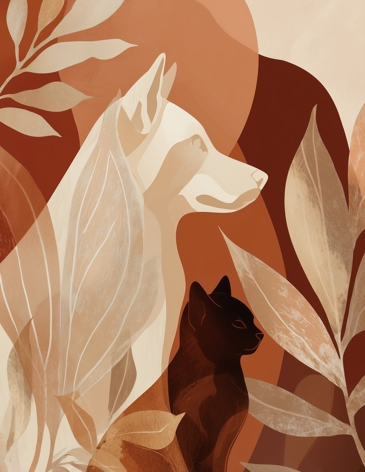 Cat & Dog — Boho Sunset Hues Duo Wall Art, 3 Sizes Included, Living Room Decor