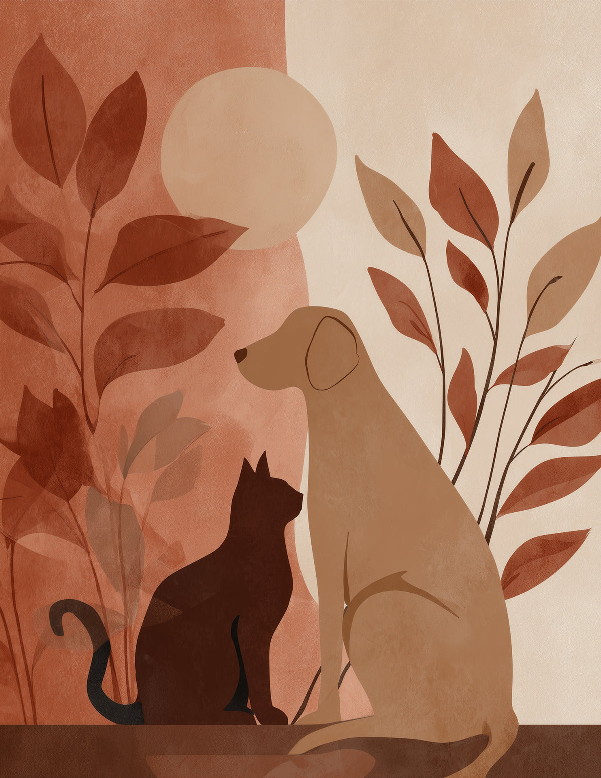 Cat & Dog — Boho Terracotta Tones Duo Wall Art, 3 Sizes Included, Living Room Decor