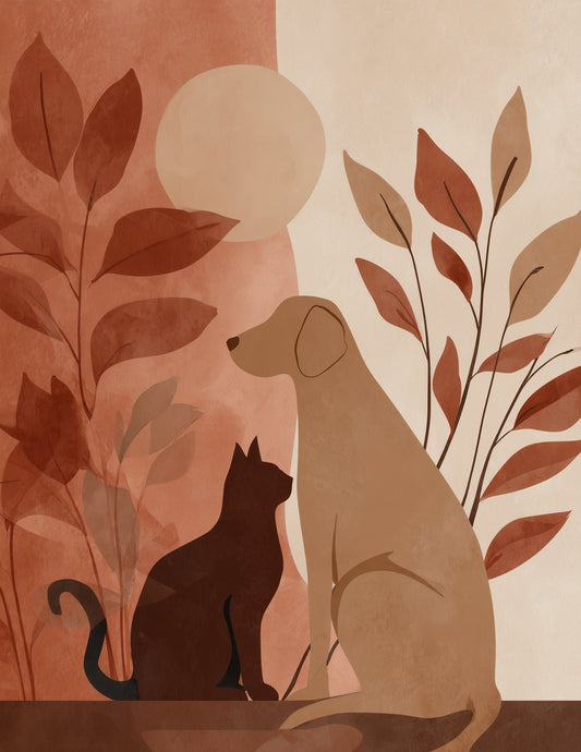 Cat & Dog — Boho Terracotta Tones Duo Wall Art, 3 Sizes Included, Living Room Decor