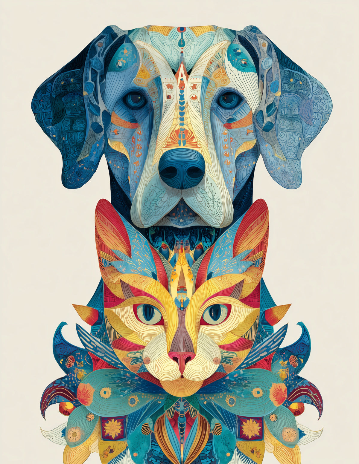 Cat & Dog — Boho Vibrant Palette Duo Wall Art, 3 Sizes Included, Living Room Decor