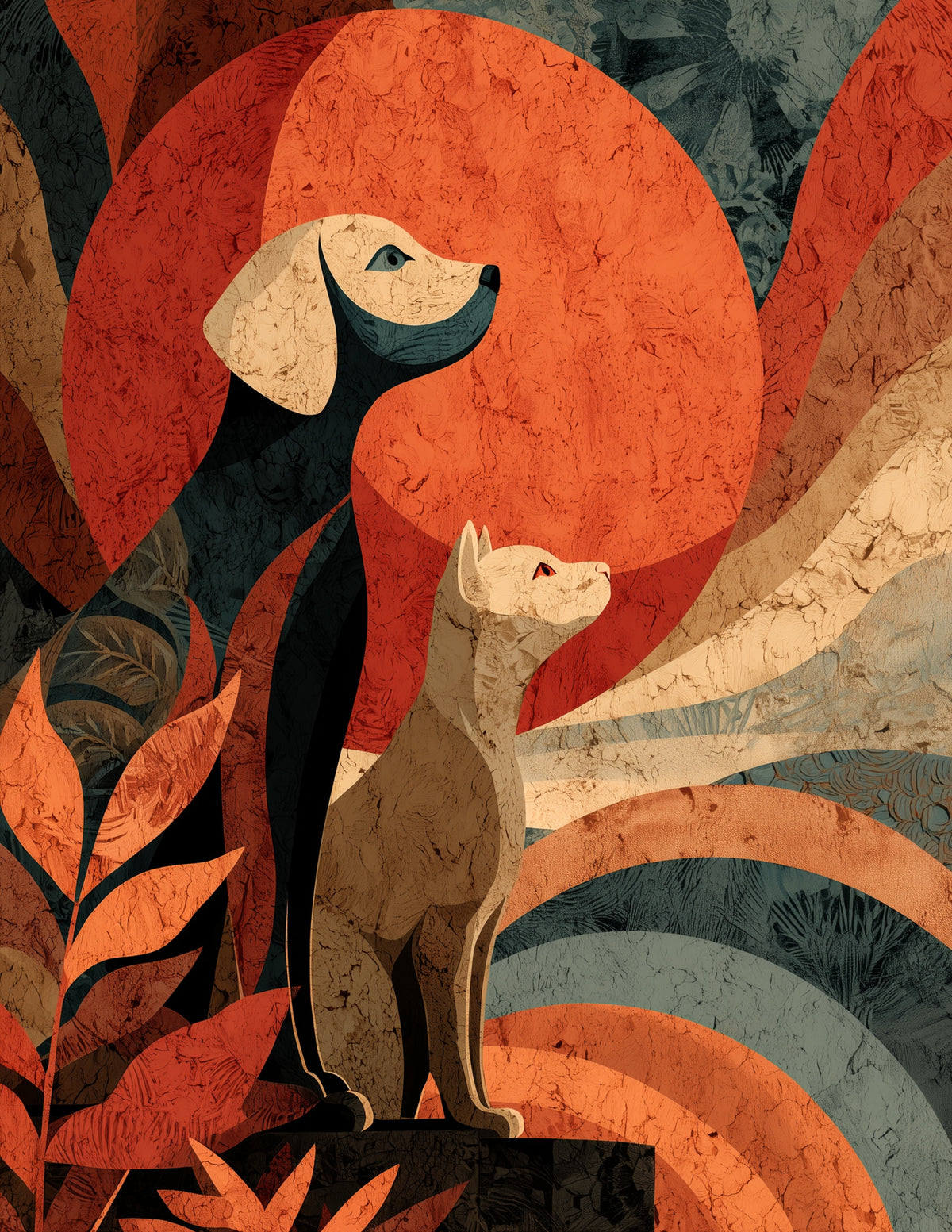 Cat & Dog — Boho Warm Palette Duo Wall Art, 3 Sizes Included, Living Room Decor