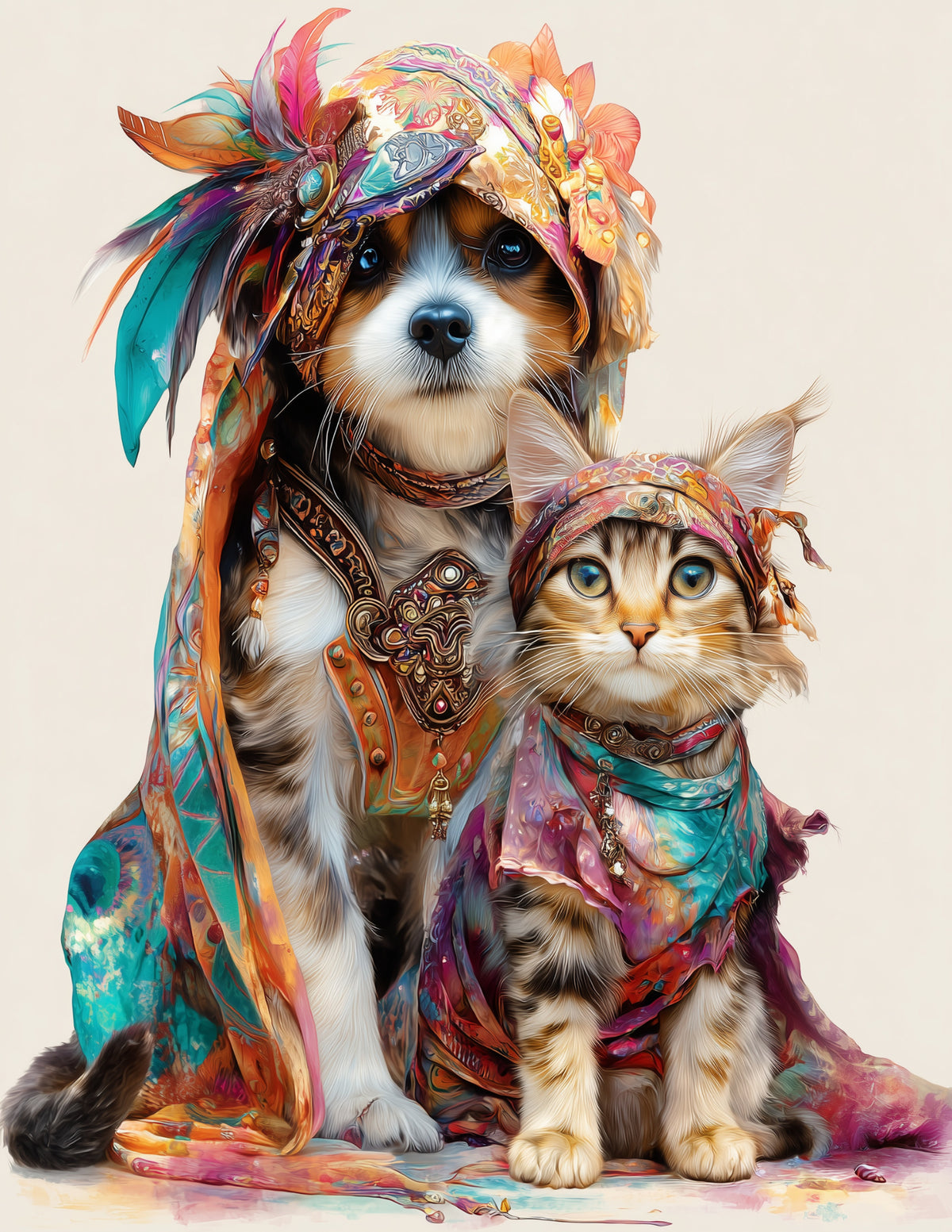 Cat & Dog — Boho Warm Tones Duo Wall Art, 3 Sizes Included, Living Room Decor