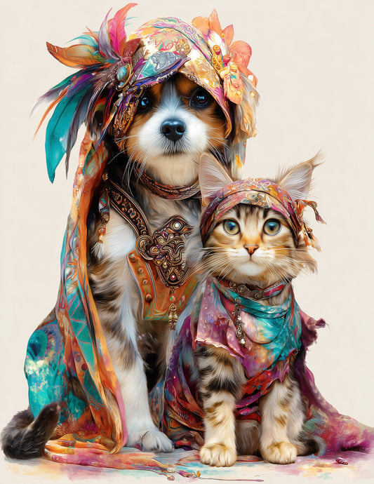 Cat & Dog — Boho Warm Tones Duo Wall Art, 3 Sizes Included, Living Room Decor