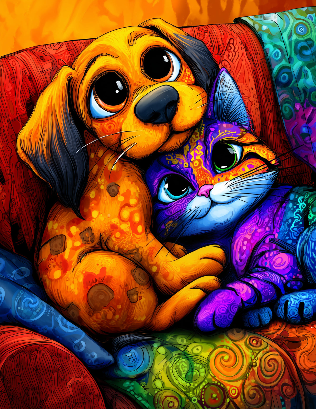 Cat & Dog — Cute Cartoon Amber Tones Duo Wall Art, 3 Sizes Included, Living Room Decor