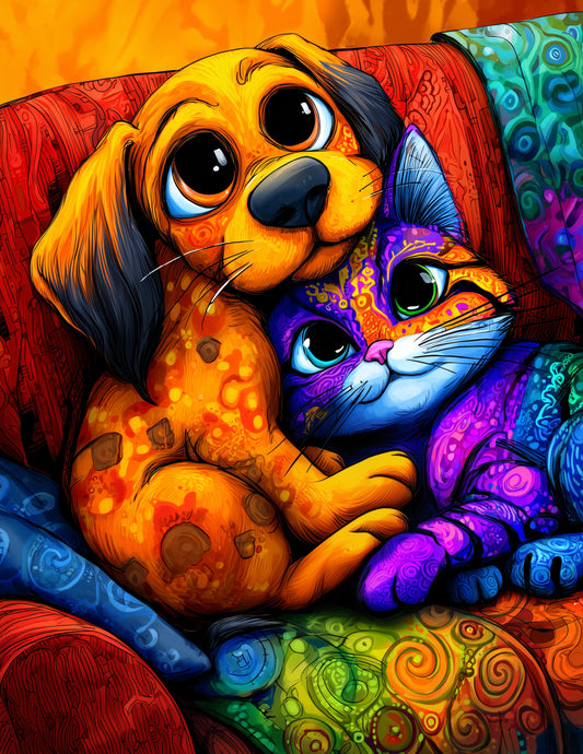 Cat & Dog — Cute Cartoon Amber Tones Duo Wall Art, 3 Sizes Included, Living Room Decor