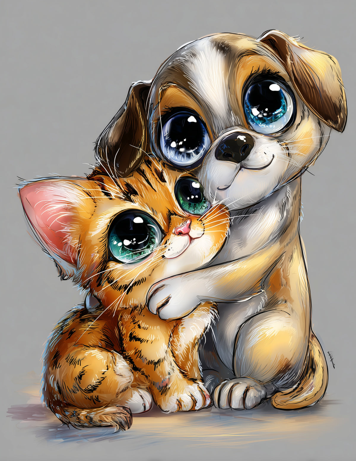 Cat & Dog — Cute Cartoon Bold Contrast Duo Wall Art, 3 Sizes Included, Living Room Decor