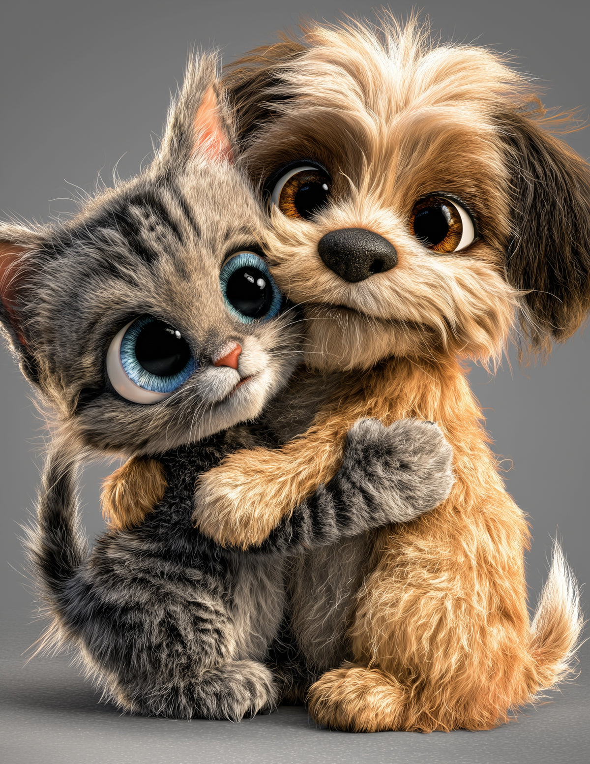 Cat & Dog — Cute Cartoon Dreamy Tones Duo Wall Art, 3 Sizes Included, Living Room Decor